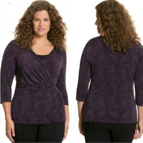 Lane Bryant Tops - Lane Bryant Black Lace Print on Purple Surplice Top size 14/16